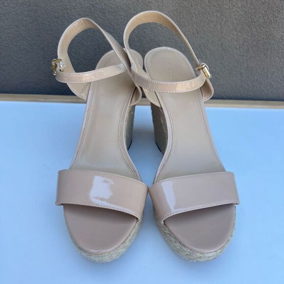 Michael Kors MK Nude Leather Platform Wedge Sandal Heel Size 11 Ankle Strap Pump - Picture 2 of 10